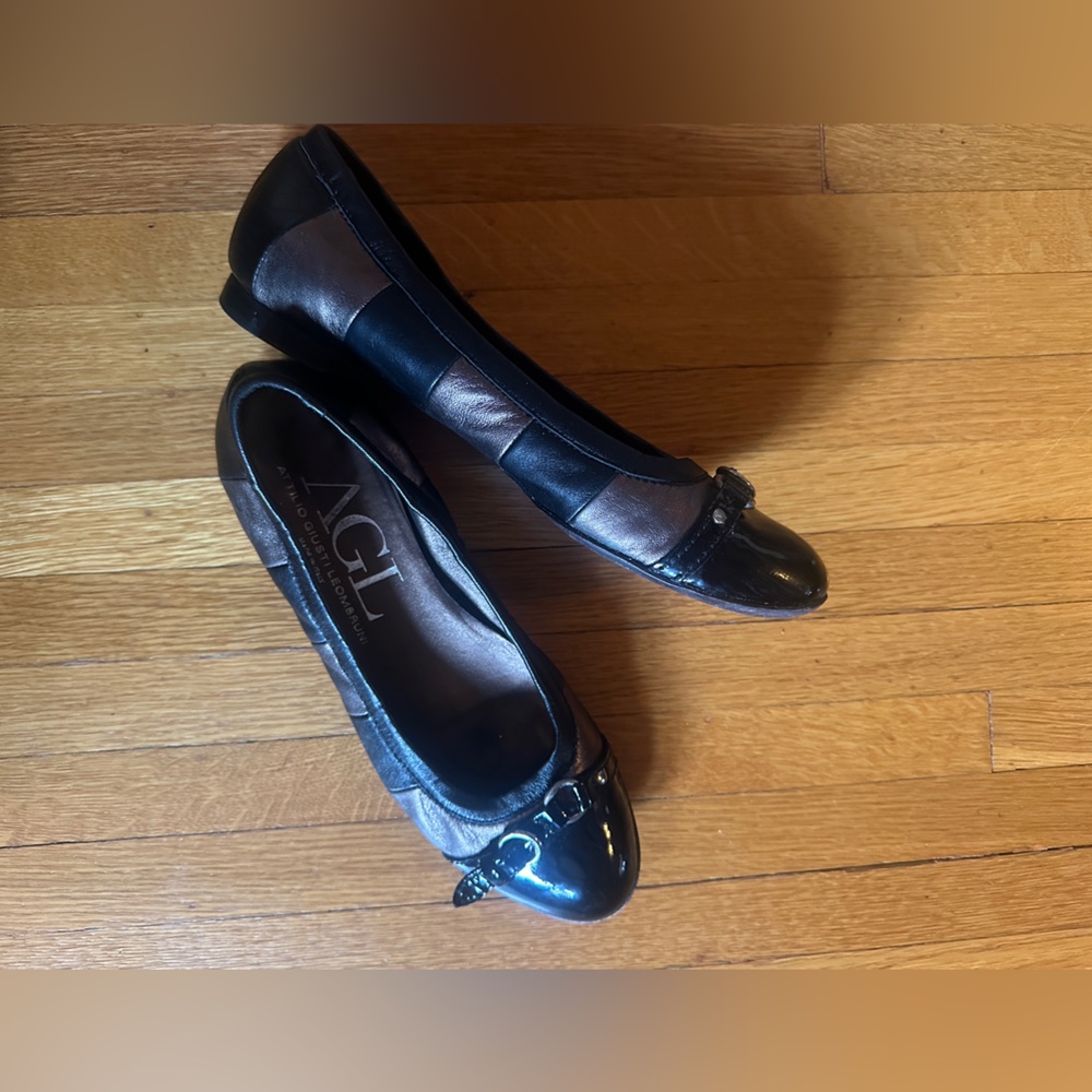 AGL Black & Bronze Metallic Striped Leather Ballet Flats, Size 38.5 (US 8.5)